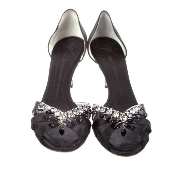 Giuseppe Zanotti 9 Satin CRYSTAL BEADED D'Orsay Sandals LOW Heel Prom Black 39.5 - Picture 3 of 5